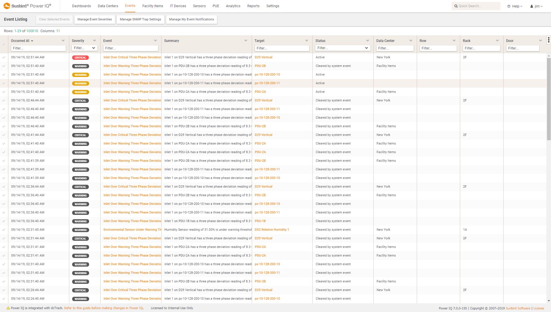Alarm List Sunbird DCIM